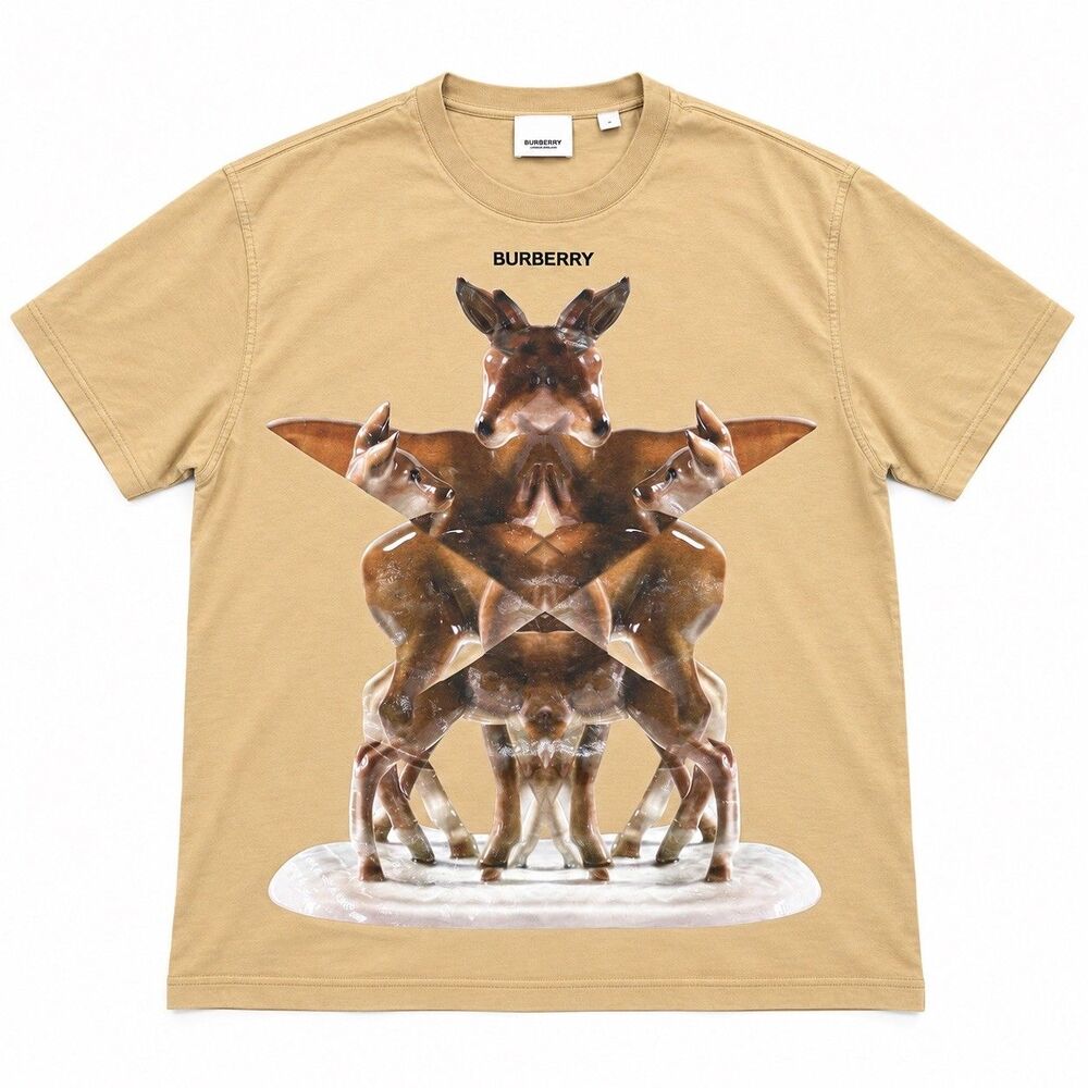 Burberry Women’s Multi Deer Carrick Graphic T-Shirt Beige Cotton Oversized Large